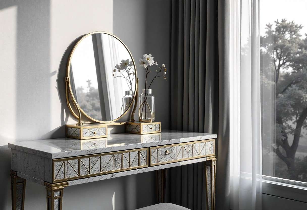 Art Deco inspired dressing table with geometric mirrors and brass details showcasing luxury bedroom design