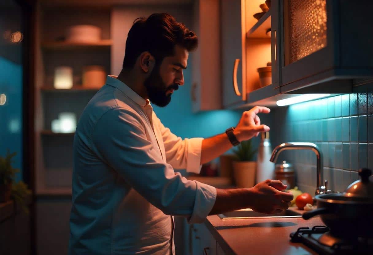 Magic corner kitchen organizer in action showing full access to stored cookware in Bengaluru home