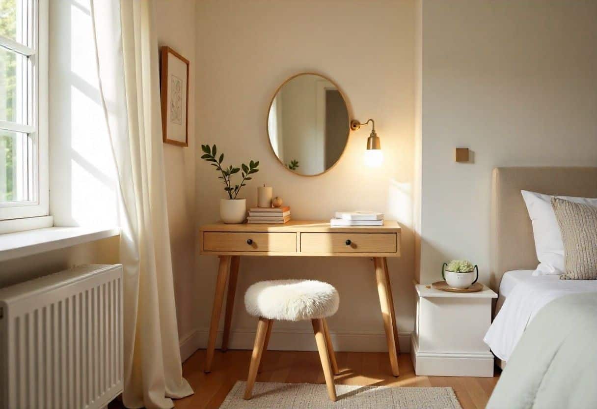 Space-saving corner dressing table design with rotating mirror and vertical storage solutions