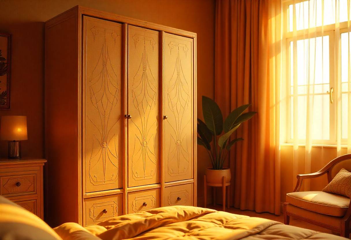 Luxurious Art Deco wardrobe design featuring geometric patterns and gold accents for statement bedroom storage