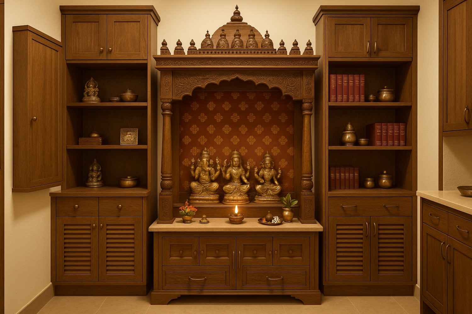 Innovative hidden storage solutions within traditional Pooja Room design showing organized sacred items and accessories