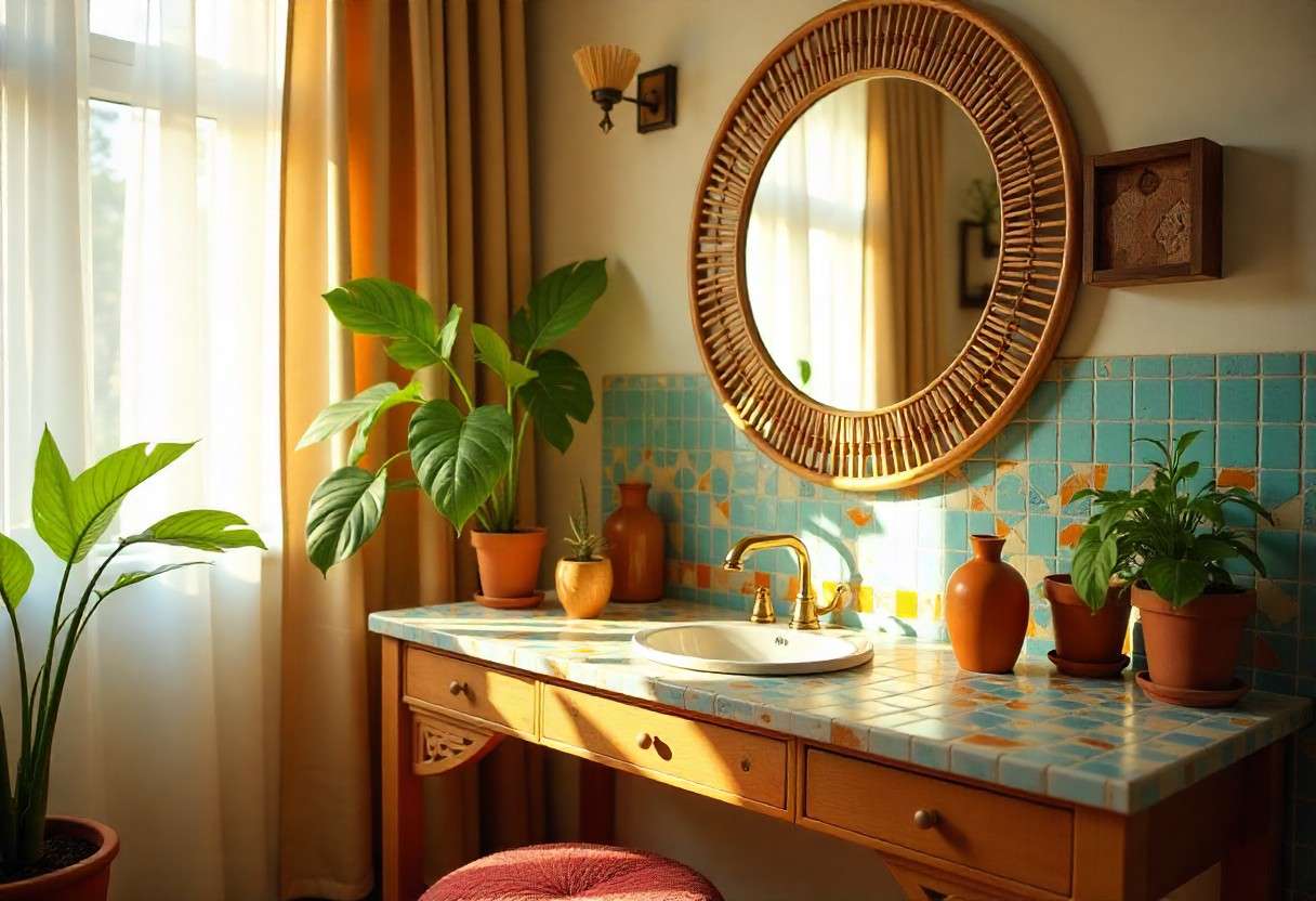 Bohemian dressing table design featuring mosaic tile details and artisan-crafted rattan elements