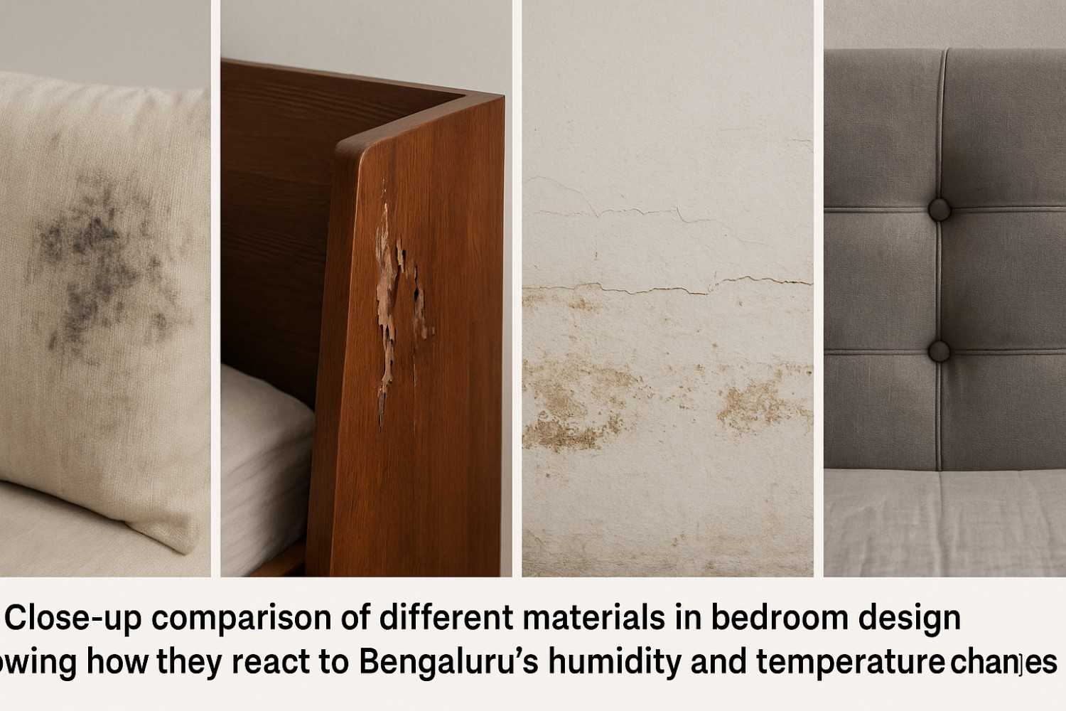 Material comparison showing climate-appropriate choices for Bengaluru bedrooms including moisture-resistant wood and breathable textiles