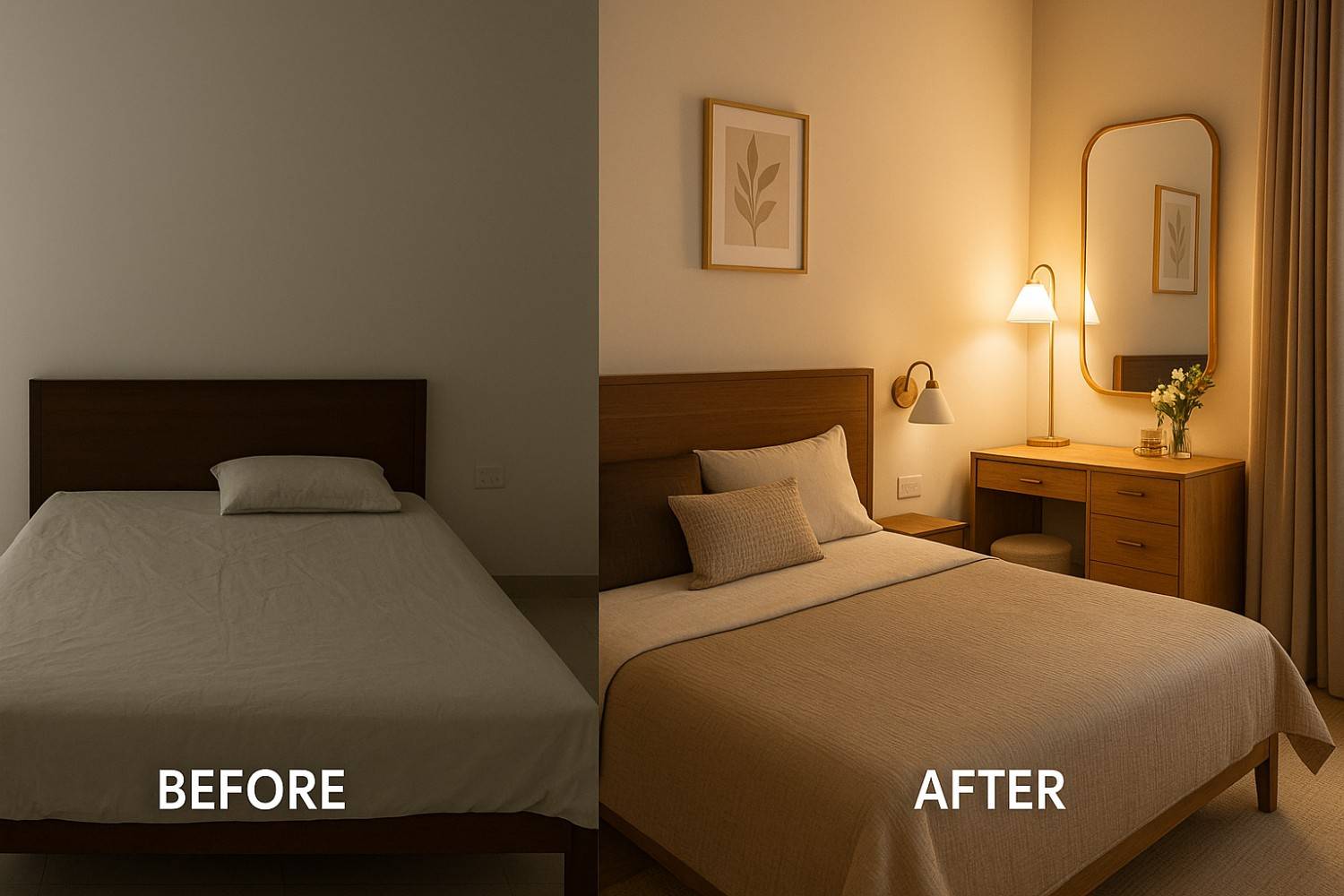 Bedroom makeover showcasing how the perfect dressing table design completes the entire space
