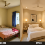 Elegant small bedroom transformation in Bengaluru showcasing custom storage and space-maximizing design by Elegante Interiors