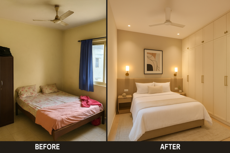 Elegant small bedroom transformation in Bengaluru showcasing custom storage and space-maximizing design by Elegante Interiors