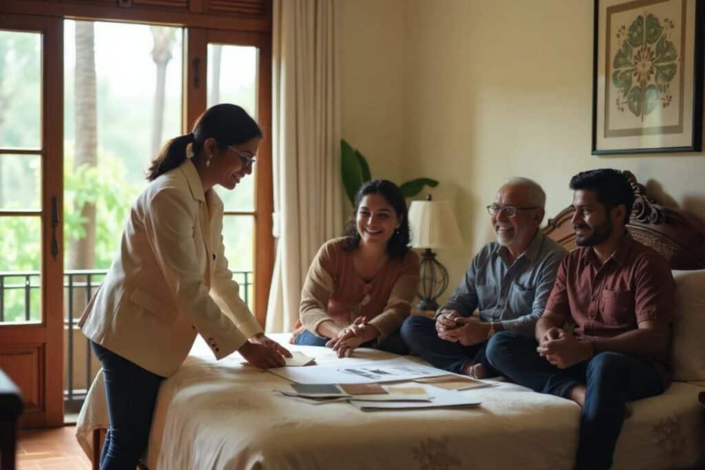 Interior design expert discussing bedroom renovation costs with Bengaluru homeowners during consultation