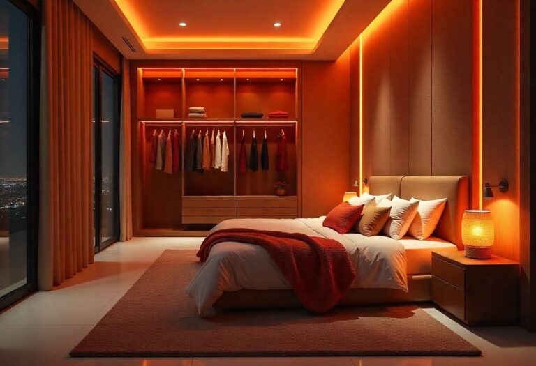 Elegant bedroom transformation showcasing custom wardrobe design with seamless storage solutions and warm lighting by Elegante Interiors