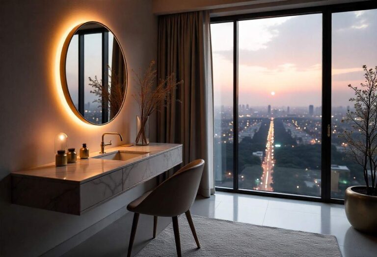 Modern floating dressing table design 2025 showcasing elegant bedroom transformation by Elegante Interiors