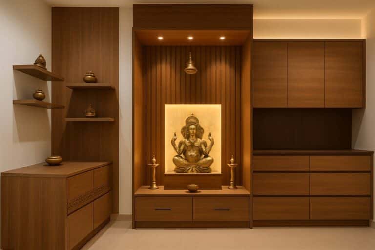 Elegant modern pooja room design showcasing traditional elements with contemporary aesthetics by interior design experts