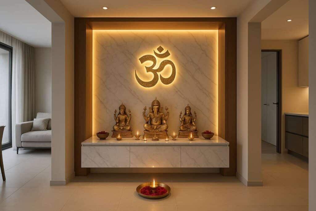Modern pooja room design featuring marble altar with ambient lighting in contemporary home