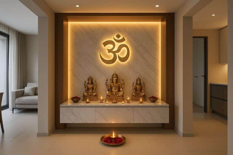Modern pooja room design featuring marble altar with ambient lighting in contemporary home