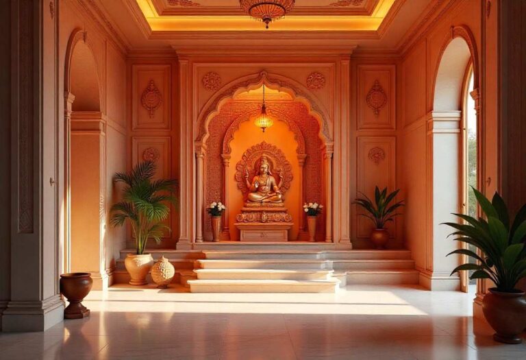 Luxurious pooja room interior design featuring premium materials, sophisticated lighting, and elegant traditional motifs
