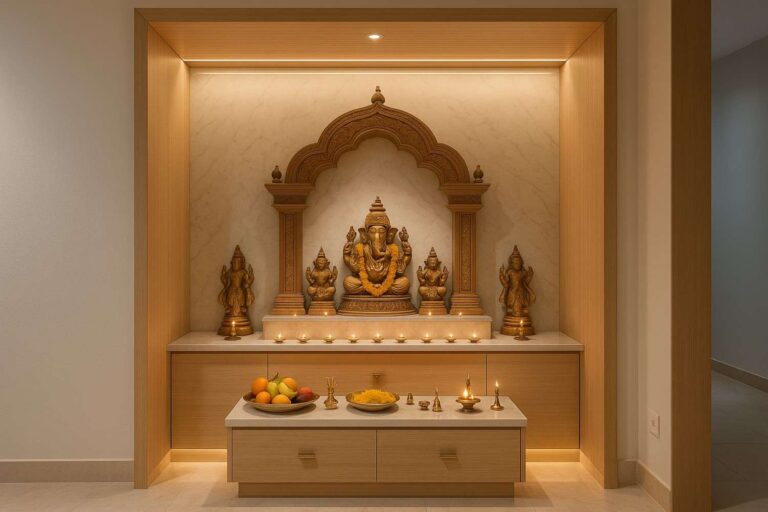 Modern Traditional Pooja Room design by Elegante Interiors featuring South Indian Mandapam with contemporary lighting and materials