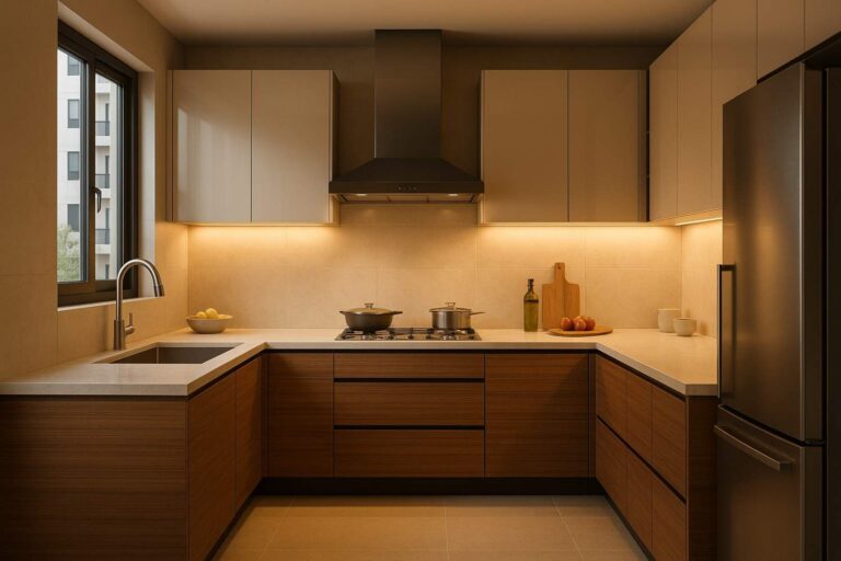 Elegant Vastu-compliant modular kitchen design in Bengaluru home featuring southeast cooking zone and premium materials by Elegante Interiors