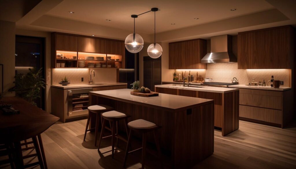 Premium modular kitchen by Elegante Interiors in Bengaluru home featuring wood grain shutters and quartz countertops