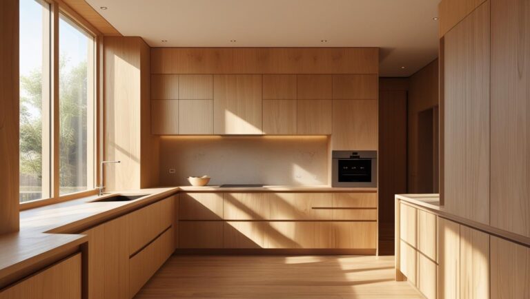 Premium kitchen interior featuring plywood and MDF materials in elegant cabinet design by Elegante Interiors