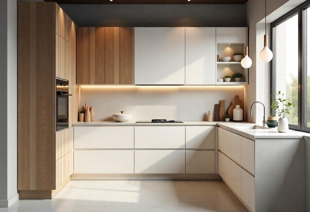 Premium modular kitchen materials cross-section showing waterproof construction by Elegante Interiors Bengaluru
