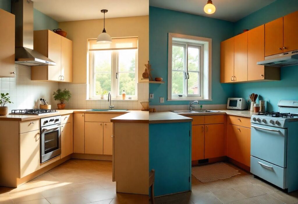 Split comparison image showing high-quality plywood kitchen cabinets versus damaged particle board furniture highlighting material quality differences