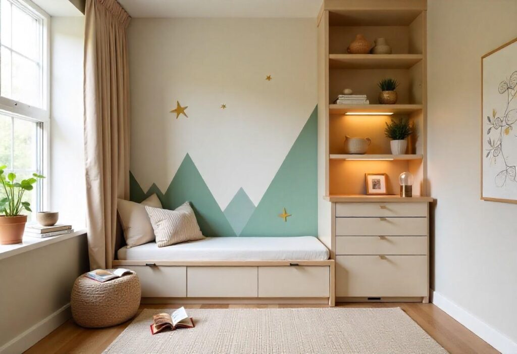 Modern children's playroom with sophisticated neutral colours and built-in storage solutions by Elegante Interiors