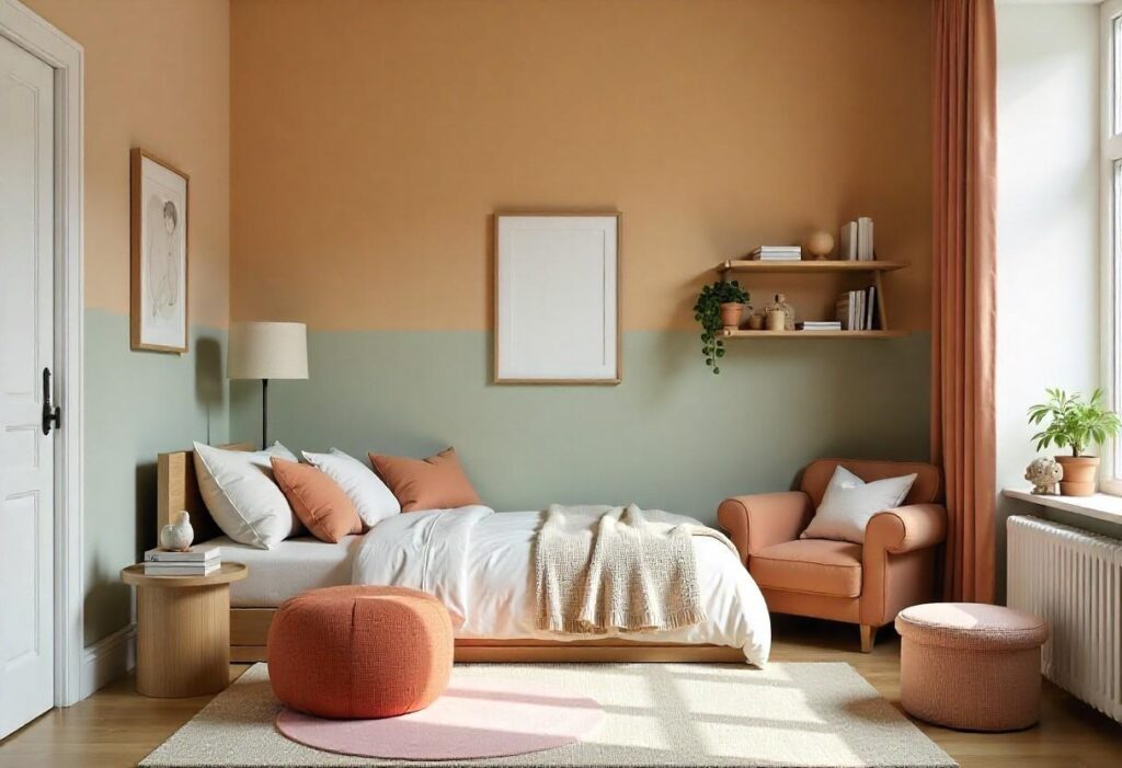 Cozy reading nook and coloured walls in modern kids room interior design