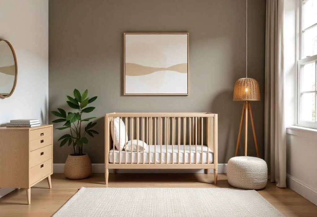 Modern nursery crib area showcasing textures and luxury materials in colour palette