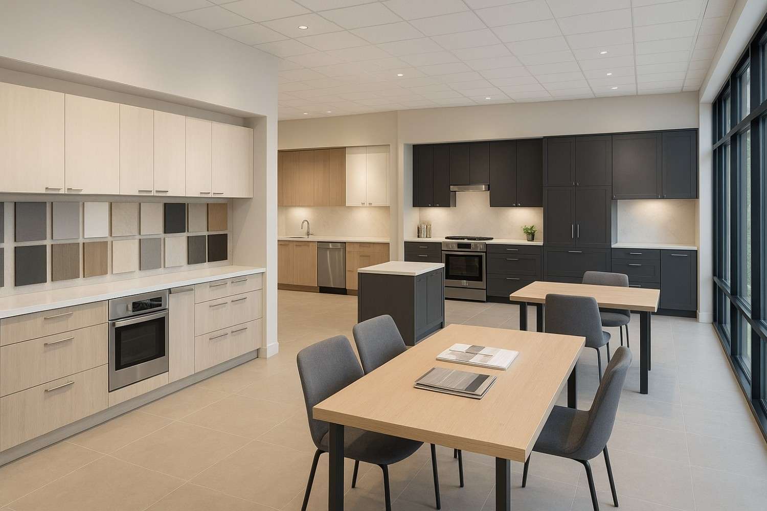 Elegante Interiors showroom in Bengaluru displaying modular kitchen designs and materials for customer consultation