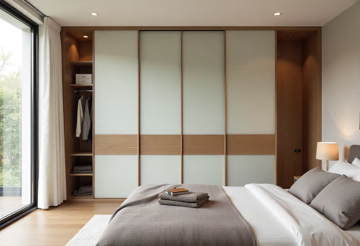 Contemporary wardrobe design with sliding doors featuring glass panels and premium finishes for luxury Indian homes