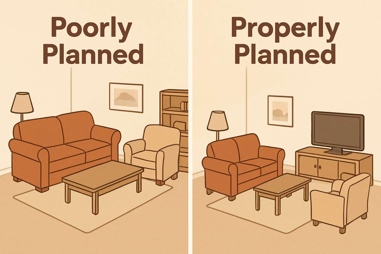 Comparison showing poor interior layout with oversized furniture versus professionally planned space with proper proportions and flow.
