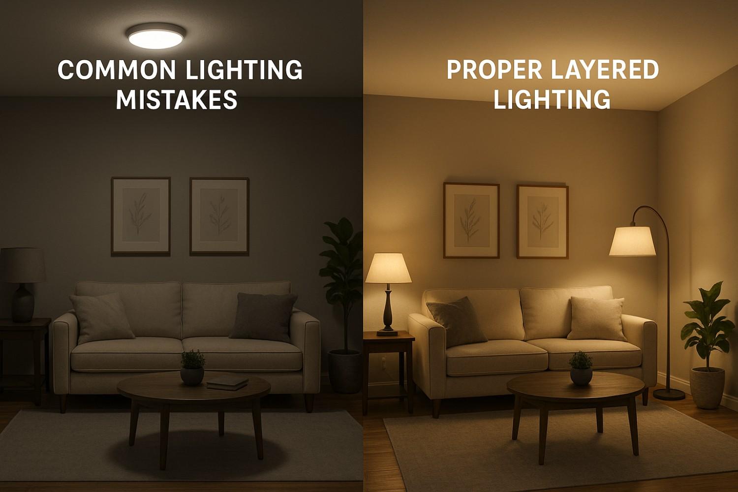Common pooja room lighting mistakes versus proper layered lighting design showing the difference in ambiance