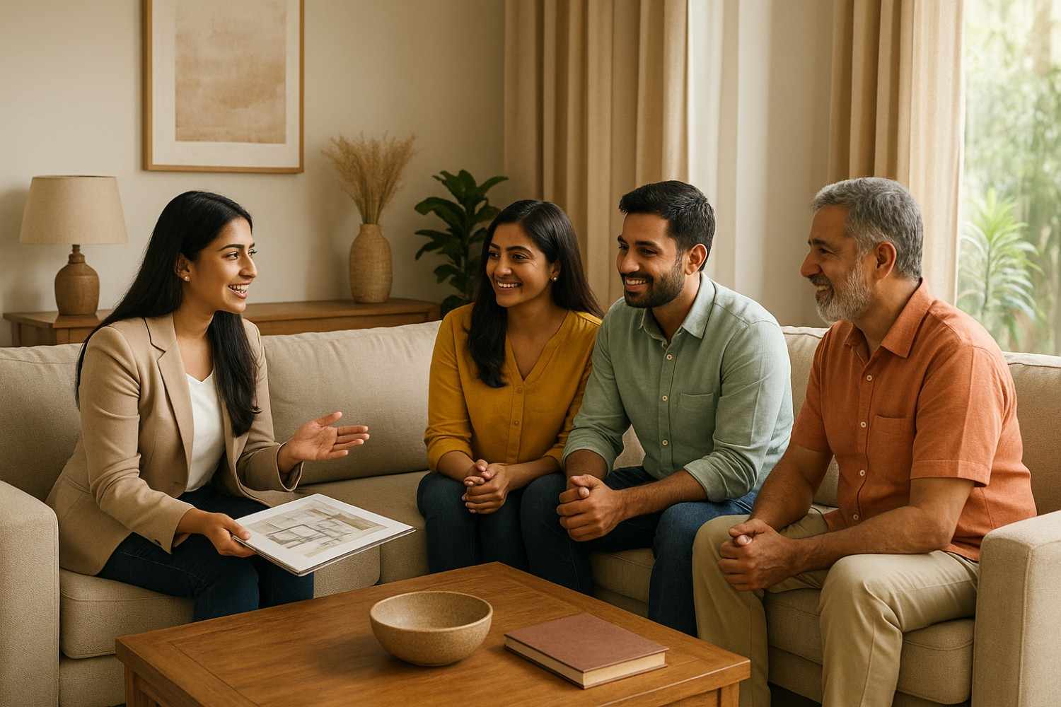Interior designer having an engaging consultation with homeowners in a comfortable living space