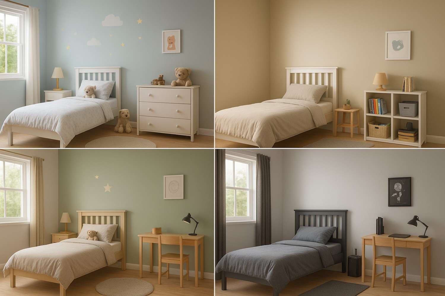Same luxury furniture pieces styled differently showing room evolution from toddler space to teenage bedroom