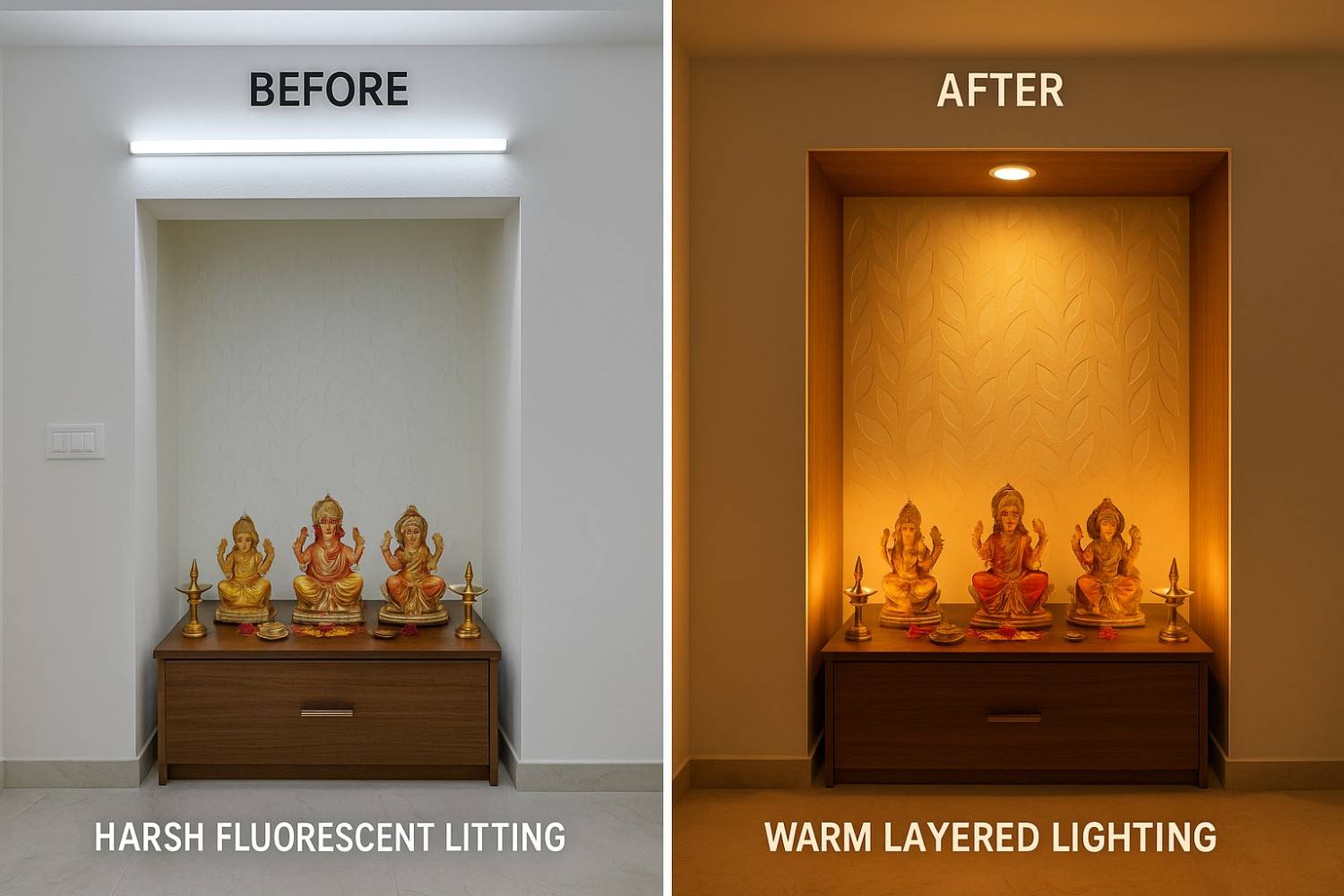 Pooja room transformation showing harsh tube light versus warm ambient lighting design for better spiritual ambiance