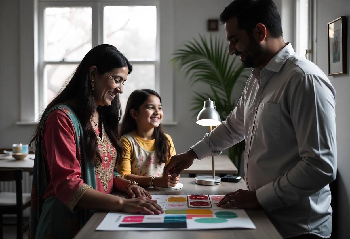 Elegante Interiors design consultation showing professionals planning luxury children's room lighting with family input