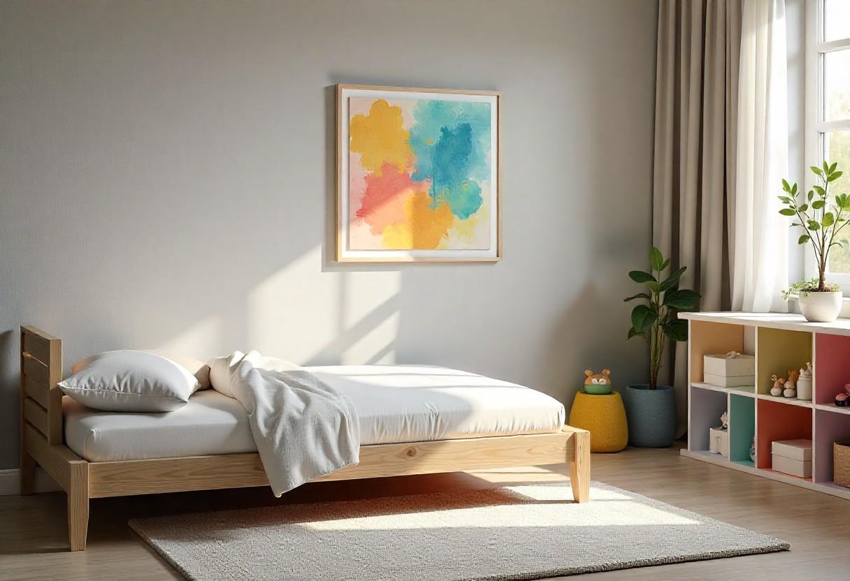 Modern minimalist kids bedroom featuring clean lines, neutral tones, and organized storage solutions by Elegante Interiors.