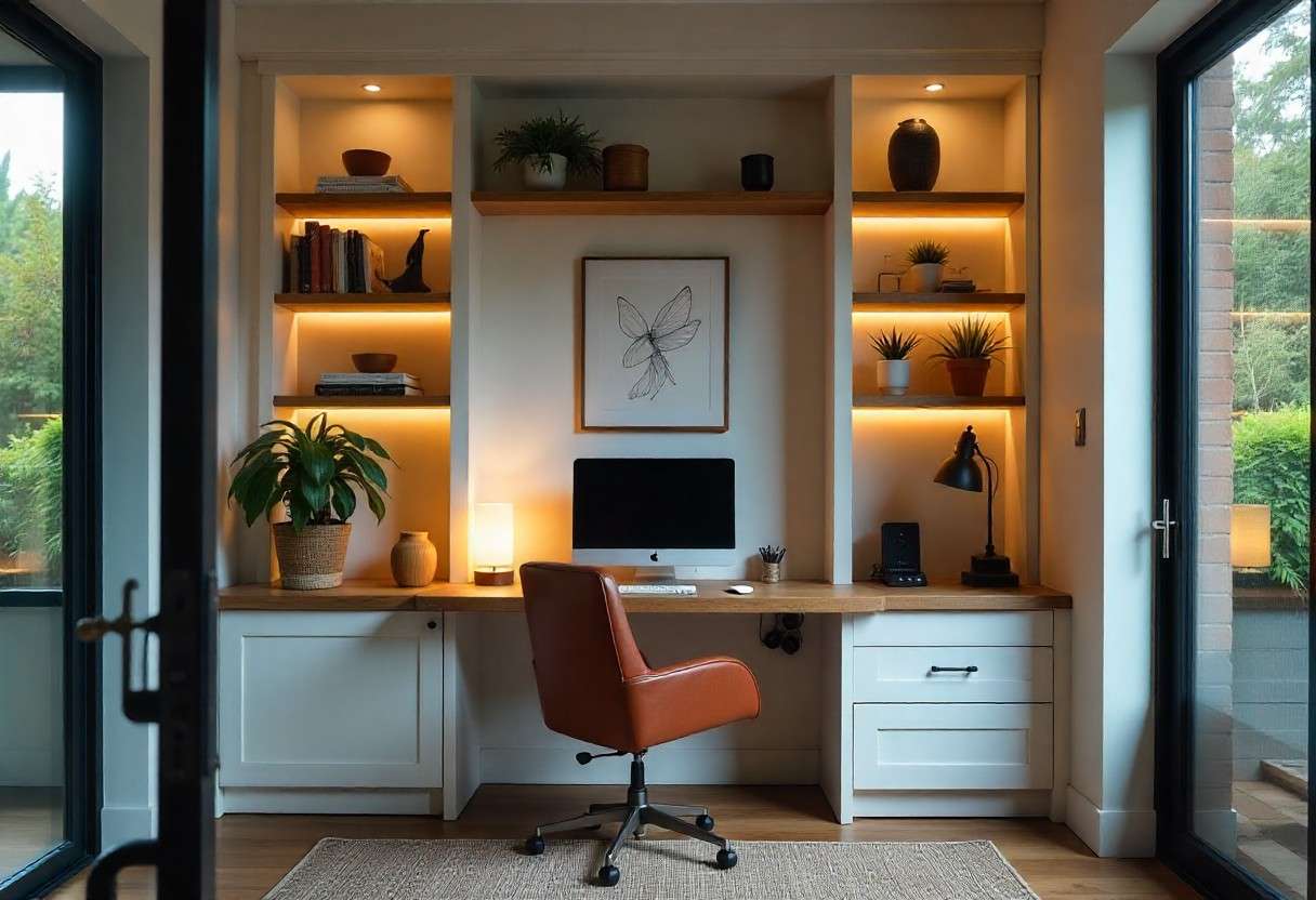 Custom home office design with modular storage solutions and ergonomic workspace planning