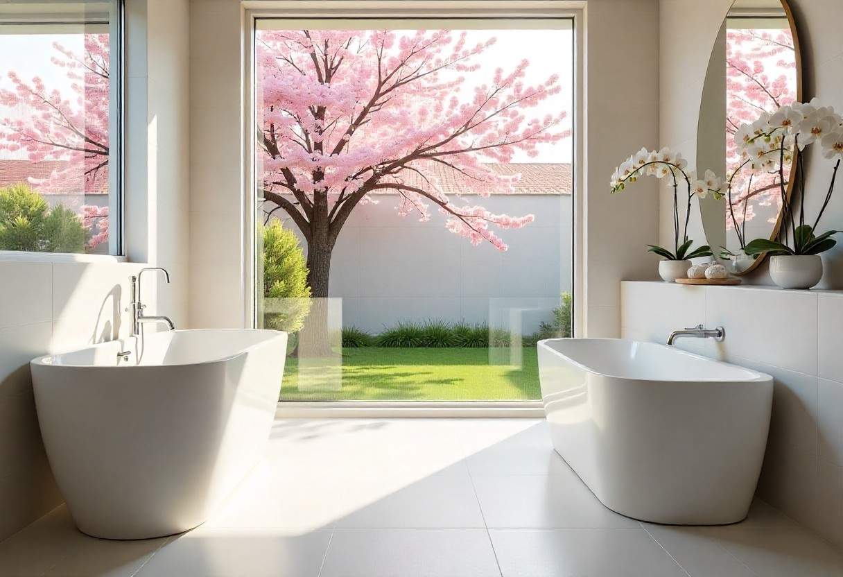 Biophilic bathroom design incorporating natural elements and outdoor views