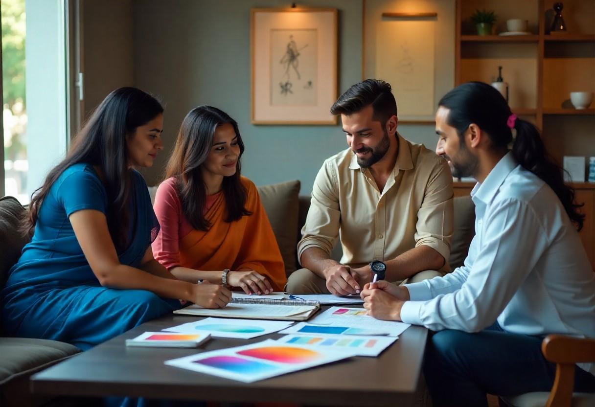 Interior design consultation in progress at Elegante Interiors, showing the collaborative discussion phase of the design process.