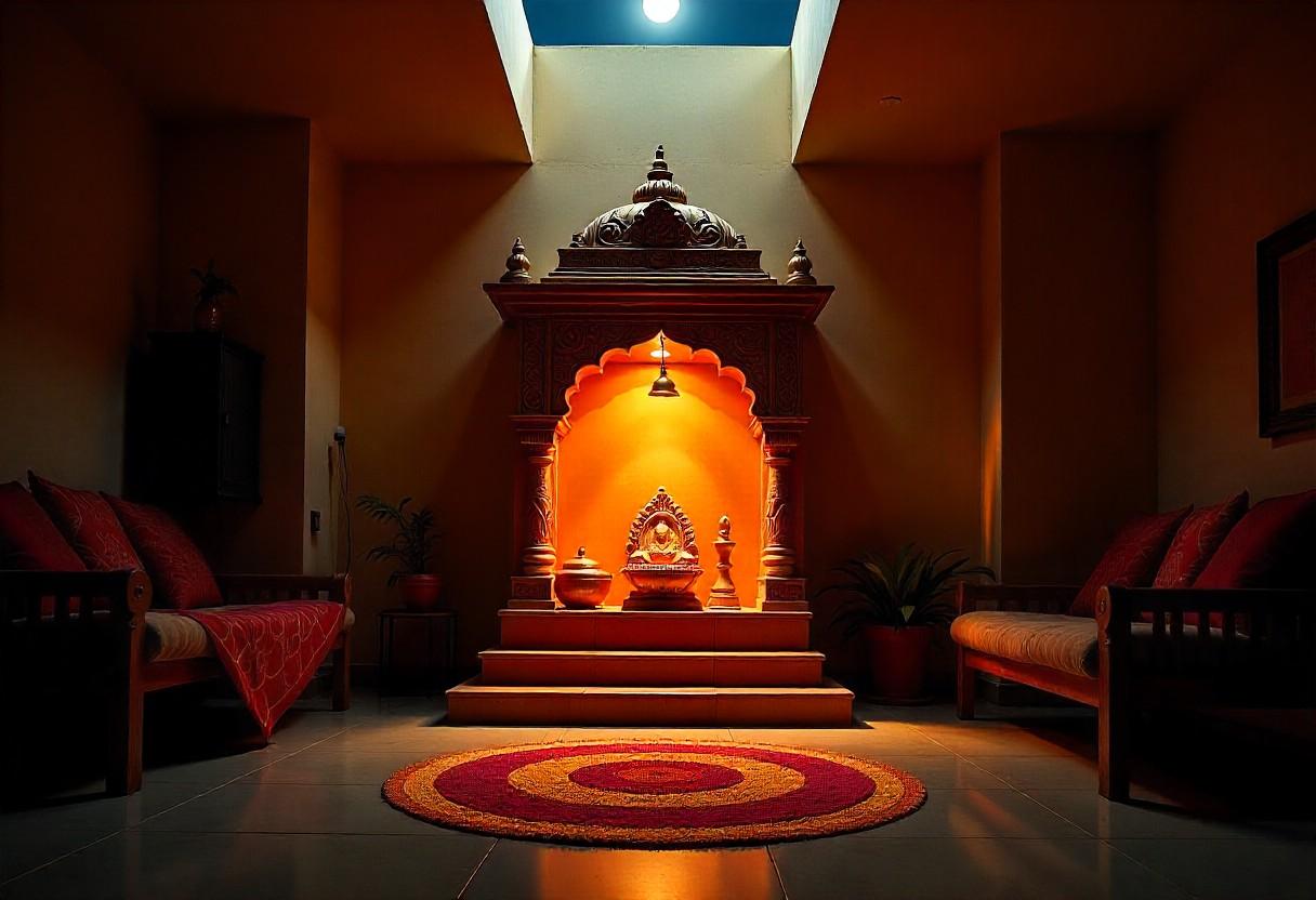 Natural light through skylight creating divine column of light above pooja mandir with layered artificial lighting