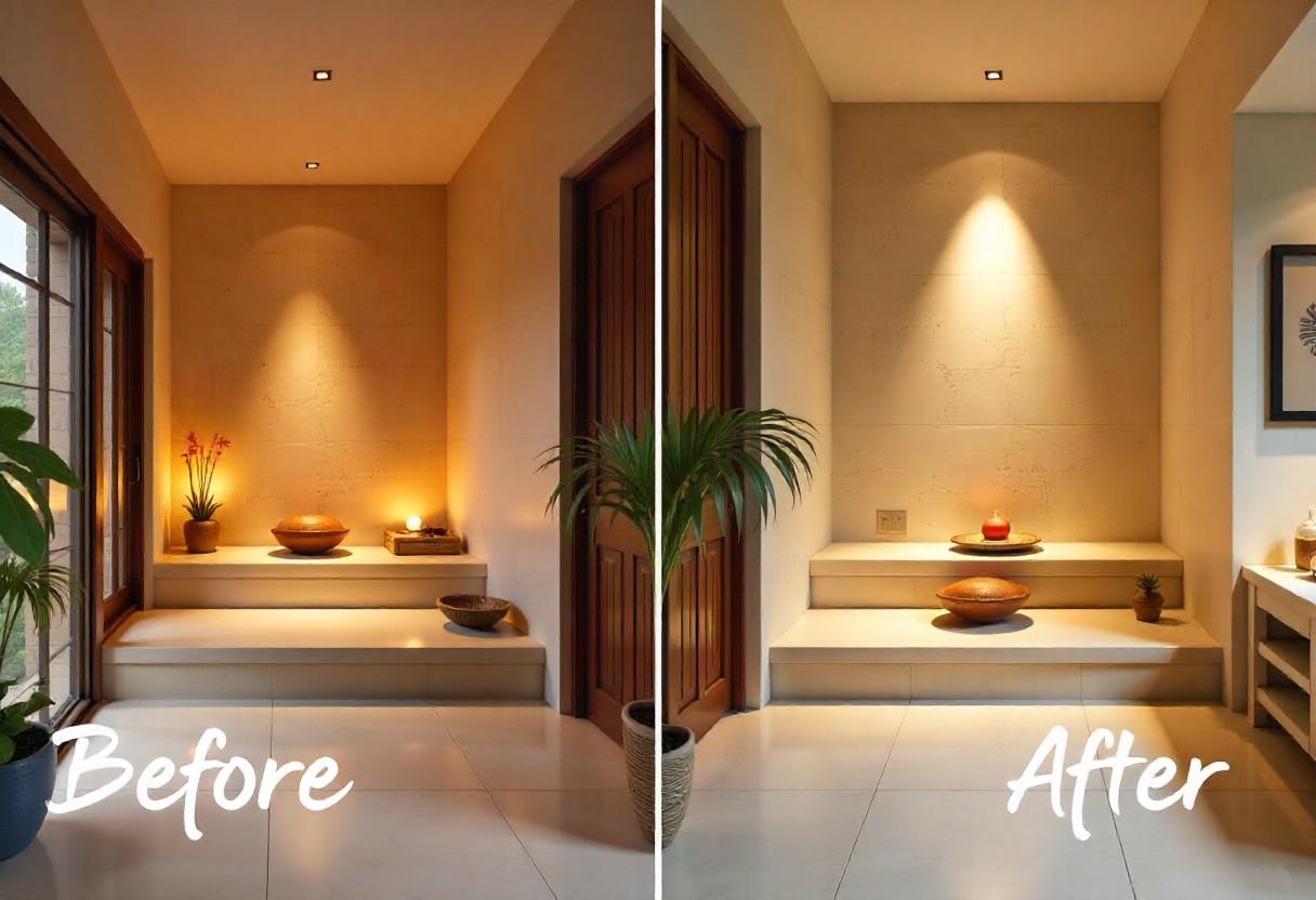 Transformation of pooja room from South to East direction showing improved energy flow and lighting