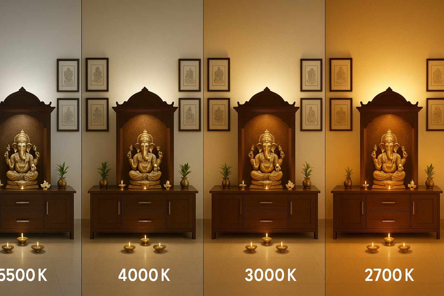 Color temperature comparison in pooja room showing warm white LED creating ideal divine ambiance versus cool white