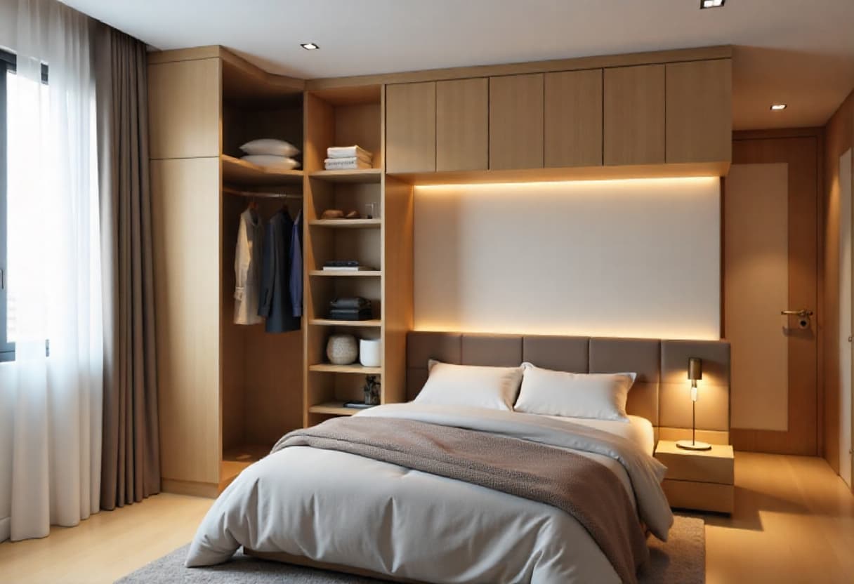 Space-saving wardrobe designs for apartments featuring corner installation and overhead storage for Indian urban homes