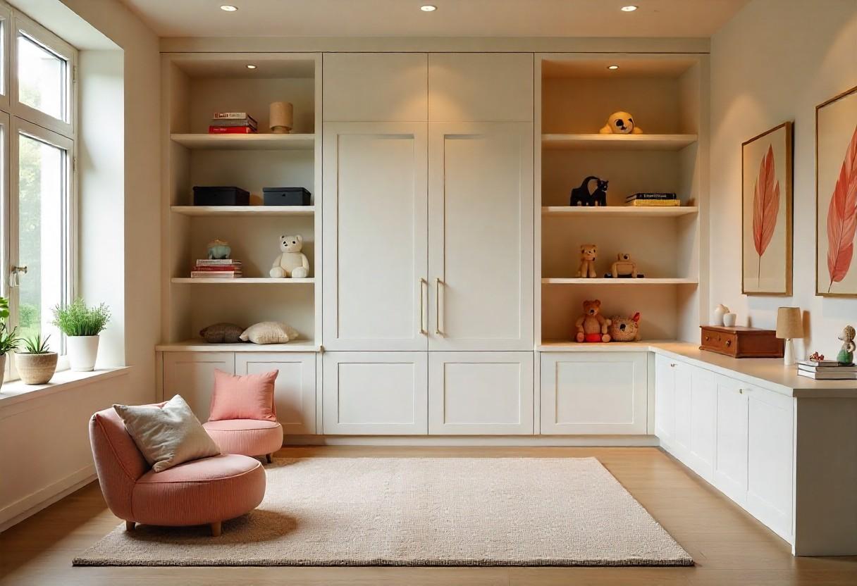 Modern children's playroom with sophisticated neutral colours and built-in storage solutions by Elegante Interiors