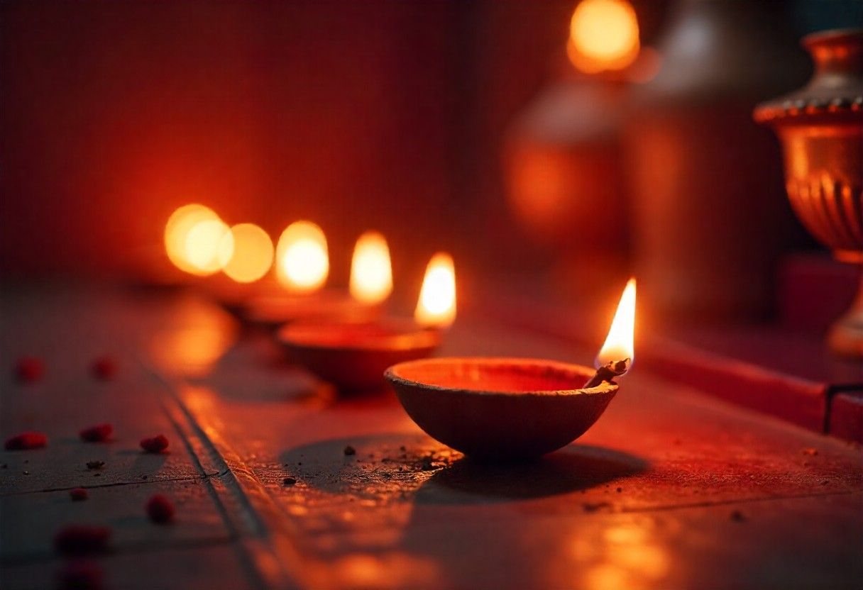 Traditional diyas and modern LED lighting creating perfect blend of heritage and contemporary pooja room ambiance