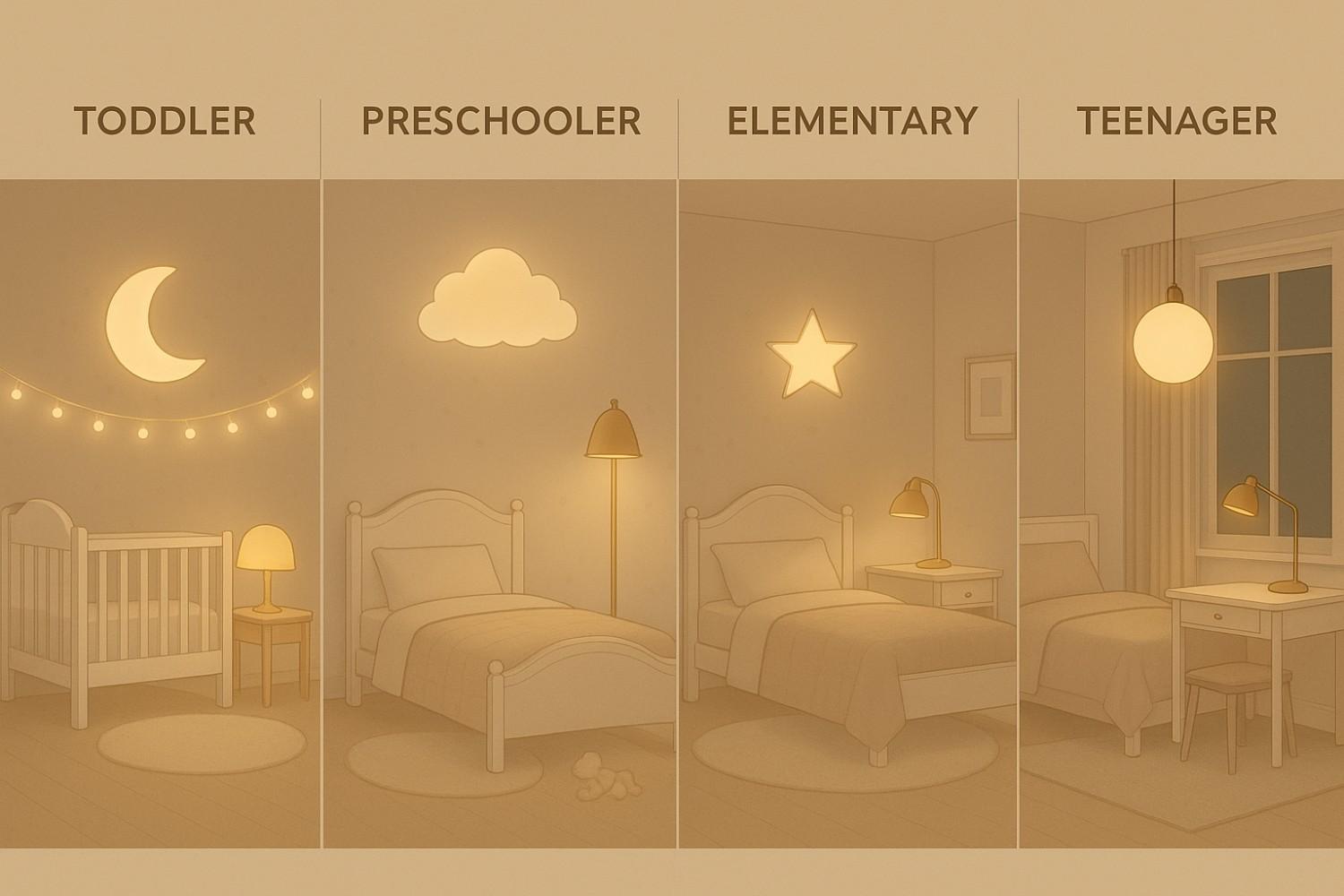 Evolution timeline showing how luxury children's room lighting adapts and grows with a child from ages 3 to 15