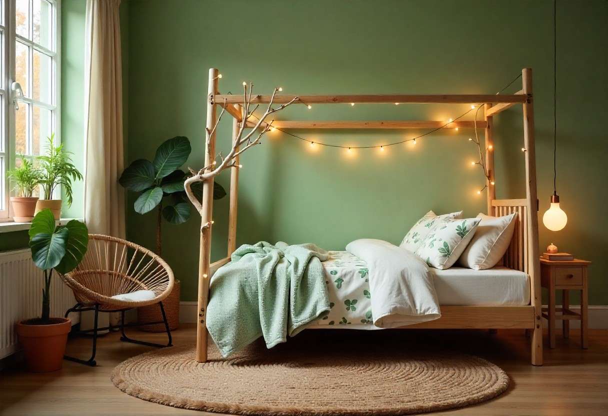 Nature-inspired kids room with organic materials, botanical elements, hanging chair, and natural color palette by Elegante Interiors.
