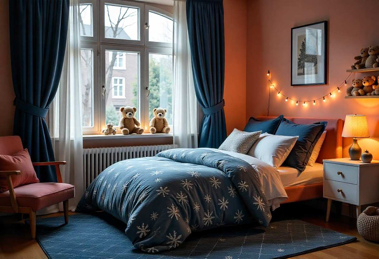 Luxurious textile layers in designer kids room featuring premium bedding, custom window treatments, and sophisticated decorative elements.