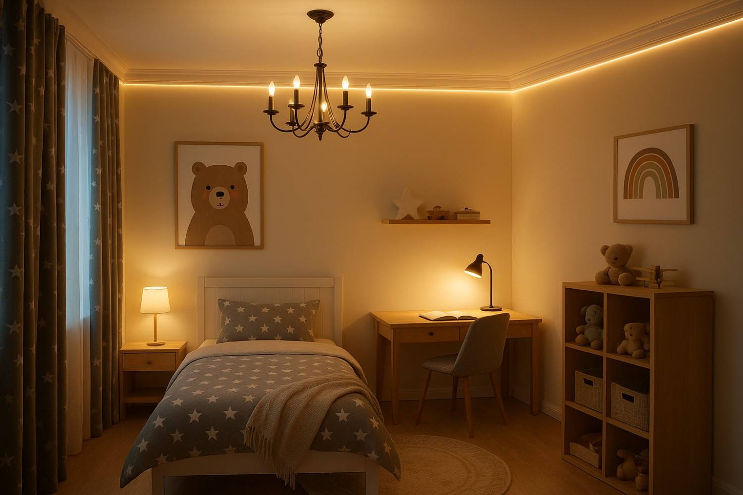 Three-layer lighting design in luxury children's room demonstrating ambient, task, and accent lighting working in harmony