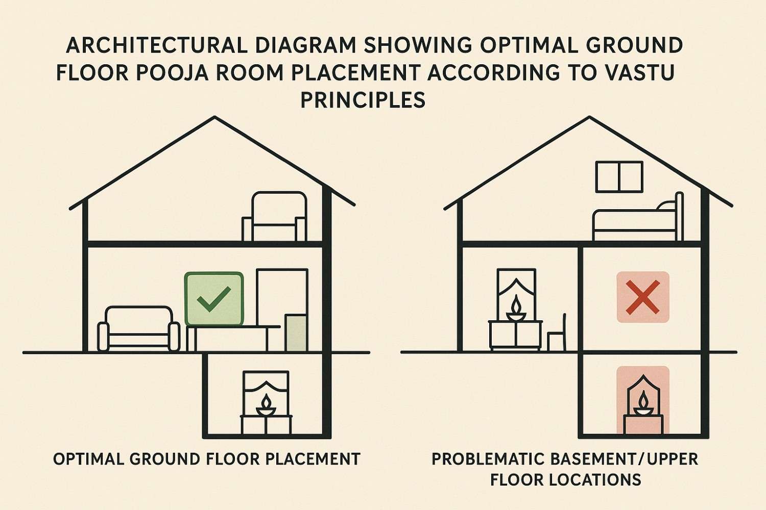 Architectural diagram showing optimal ground floor pooja room placement according to Vastu principles