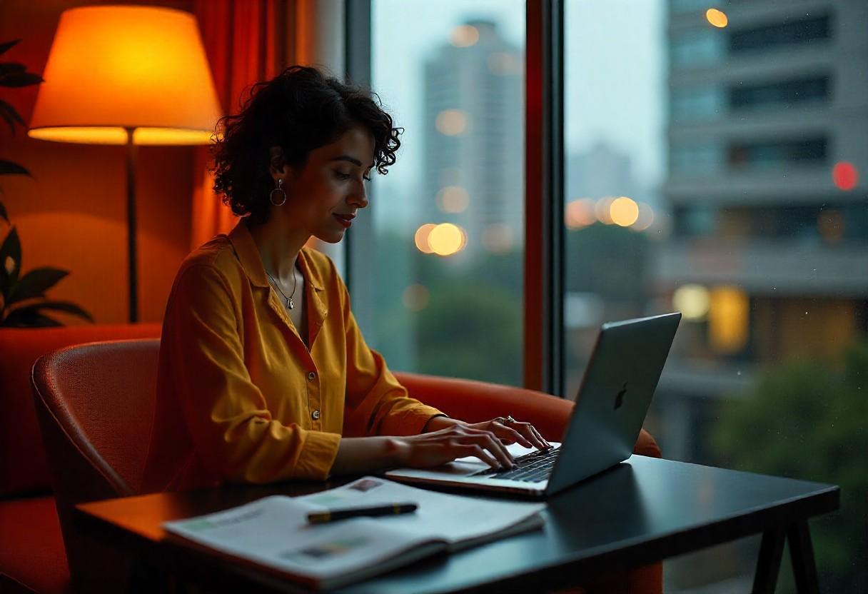 Homeowner researching interior designers online with design magazines and notes